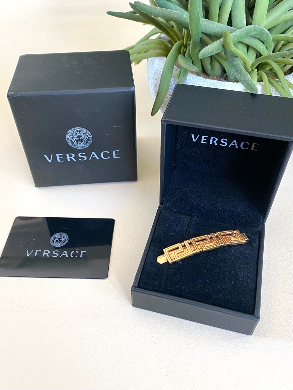 VERSACE - Greca Link Barrette Hair Clip Gold Tone Made in Italy + Box